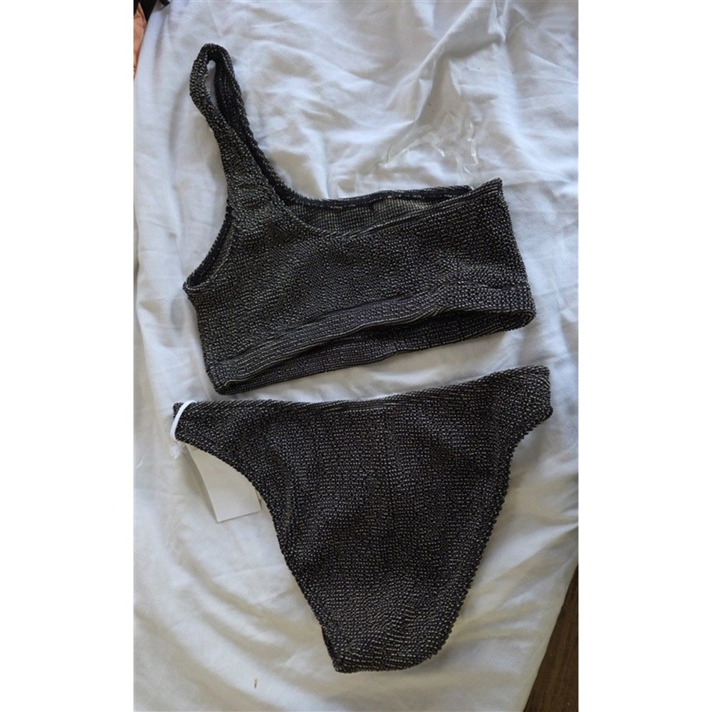 NWT Good American S/M ALWAYS FITS 1 Shoulder BIKINI TOP Bottom Black Gold 132428